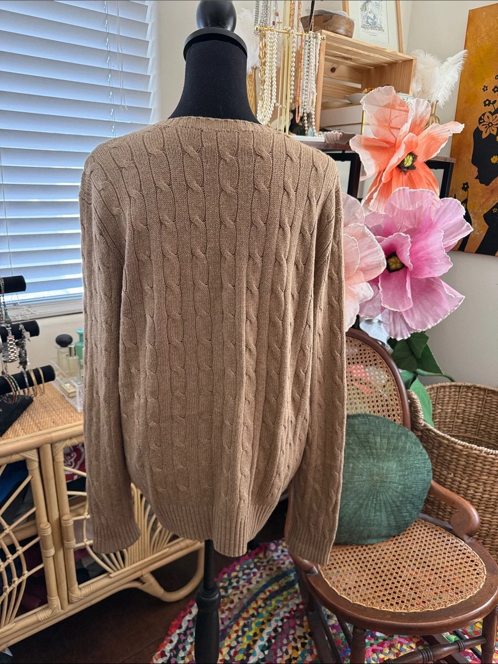 Vintage 90s Polo Ralph Lauren Tan Tussah Silk Cable Knit V-neck Hamptons Sweater